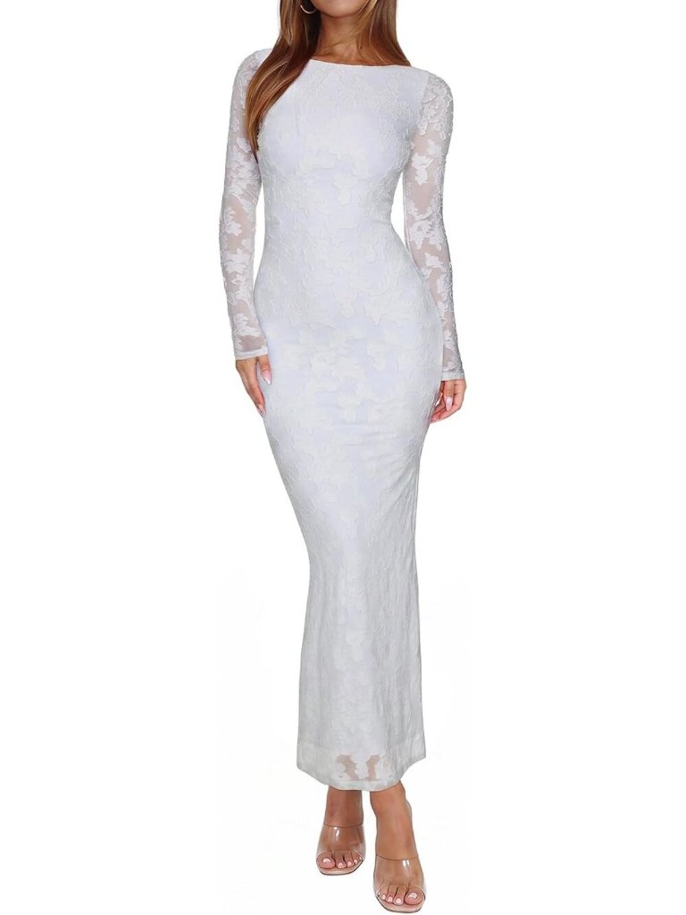 Women's White Long Sleeve Sexy Floral Bodycon Wedding Guest Maxi Long Dresse